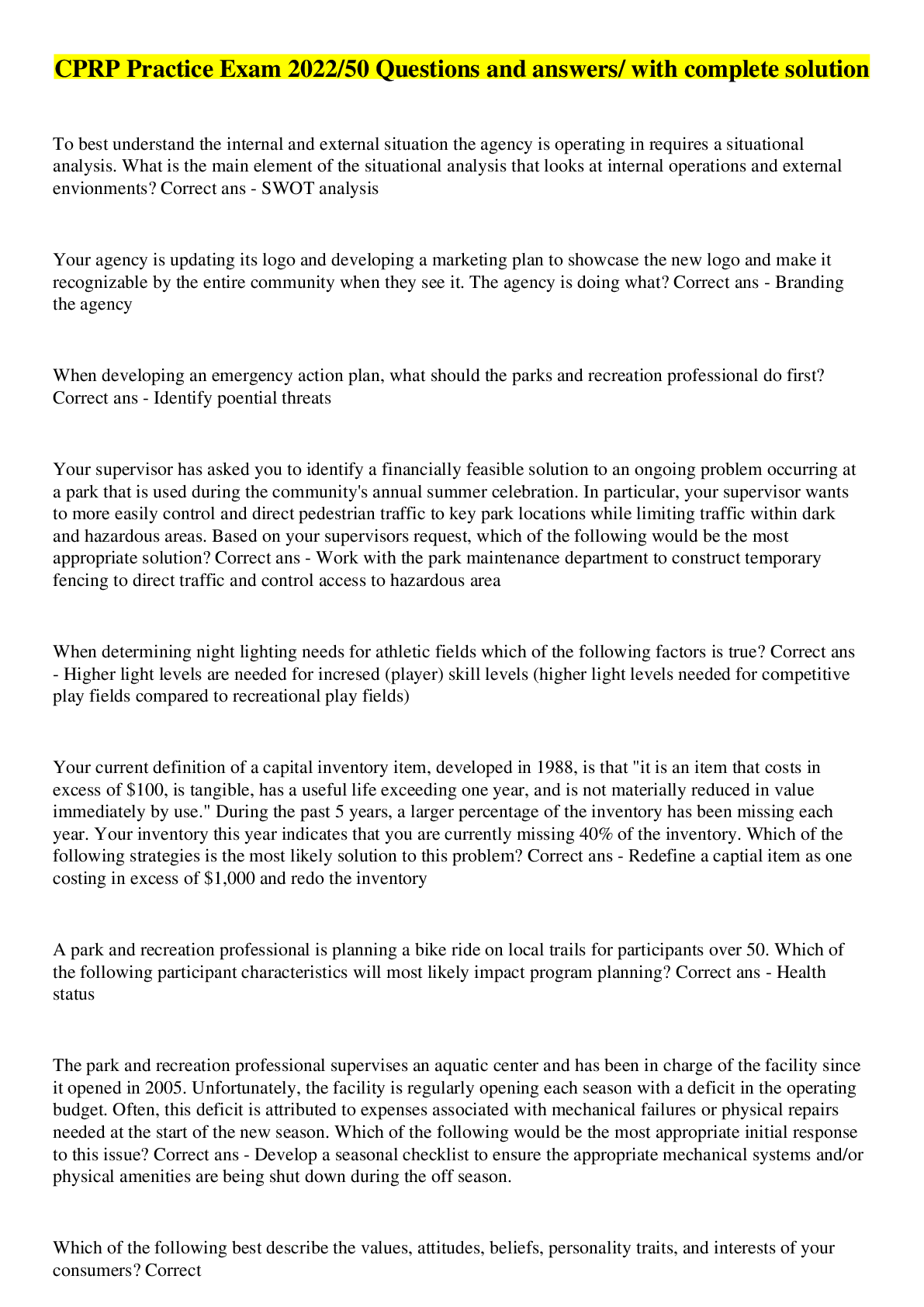 Preview image of CPRP Practice Exam 2022/50 Questions and answers/ with complete solution document